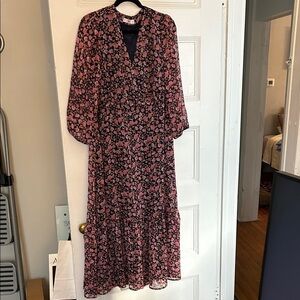 Mango Long Sleeve Floral Dress in Pink and Navy
